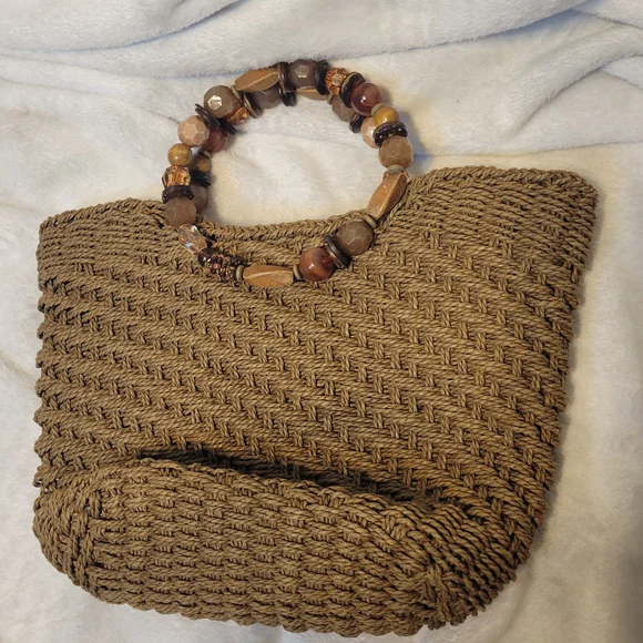 Poppie Jones Brown Woven Handbag with Beaded Handle - Picture 2 of 8